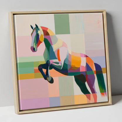 Modern Equine Leap show jumping horse canvas wall art in natural frame
