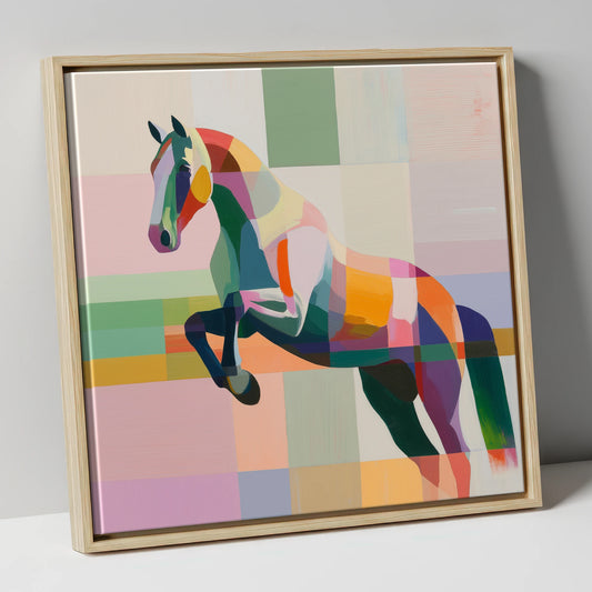 Modern Equine Leap show jumping horse canvas wall art in natural frame