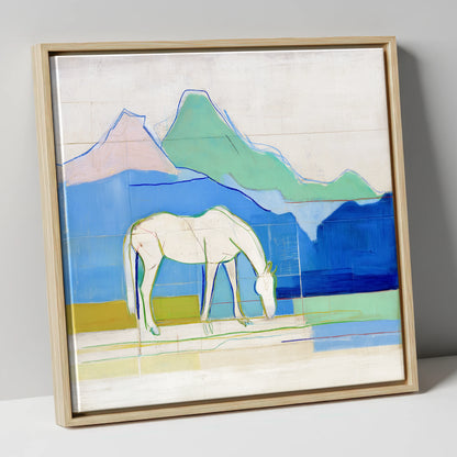 Abstract Azure Meadow horse landscape canvas wall art in natural frame