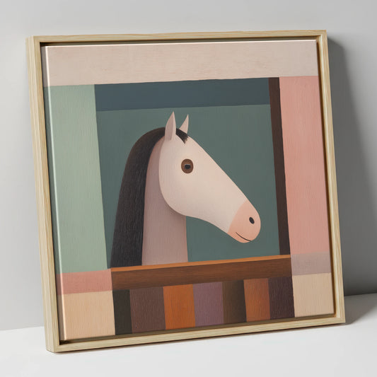 The Quiet Stable Companion horse stable canvas wall art in natural frame
