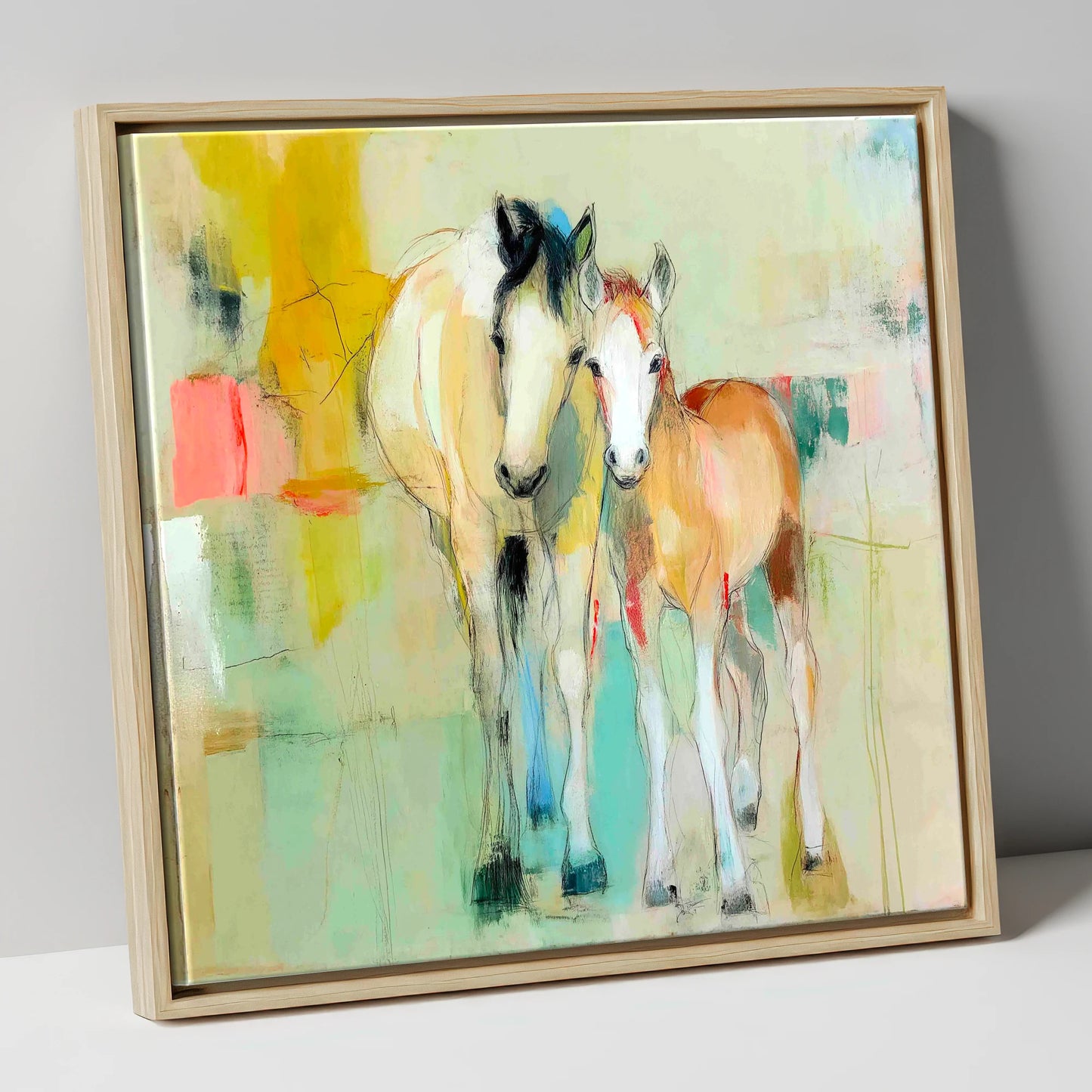 Gentle Nurture mare & foal canvas wall art in natural frame