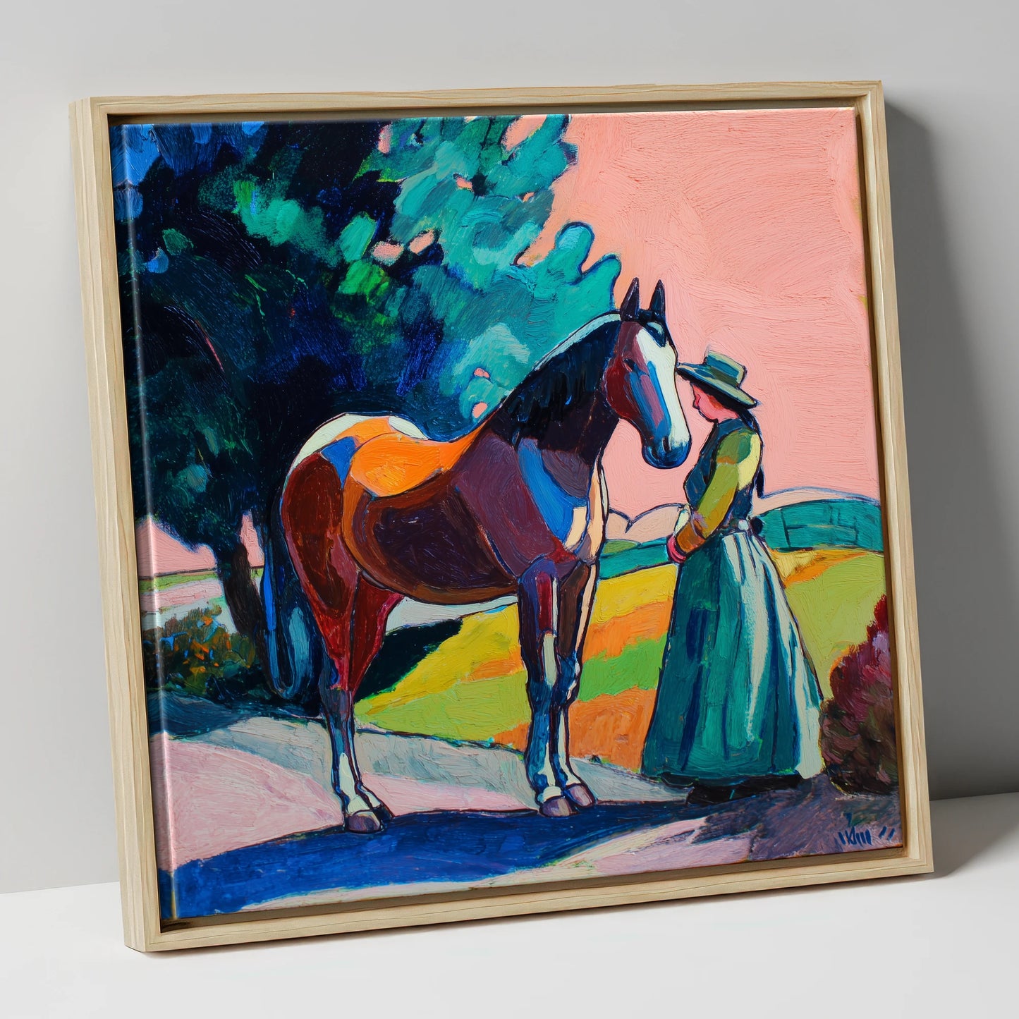 Painted Bond horse & rider canvas wall art in natural frame