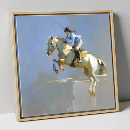 Soaring in Slate show jumping horse canvas wall art in natural frame