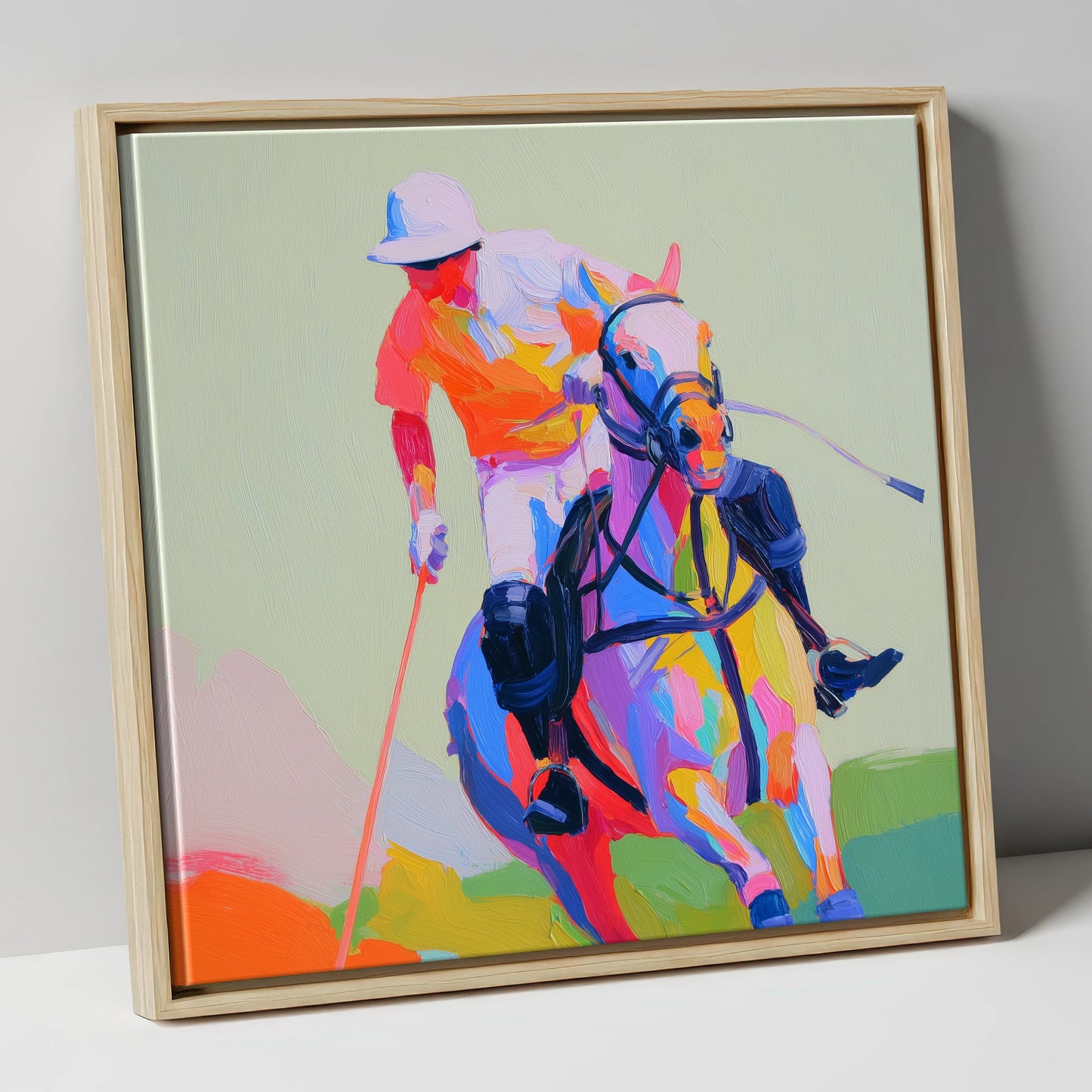 Technicolour Drive polo horse canvas wall art in natural frame