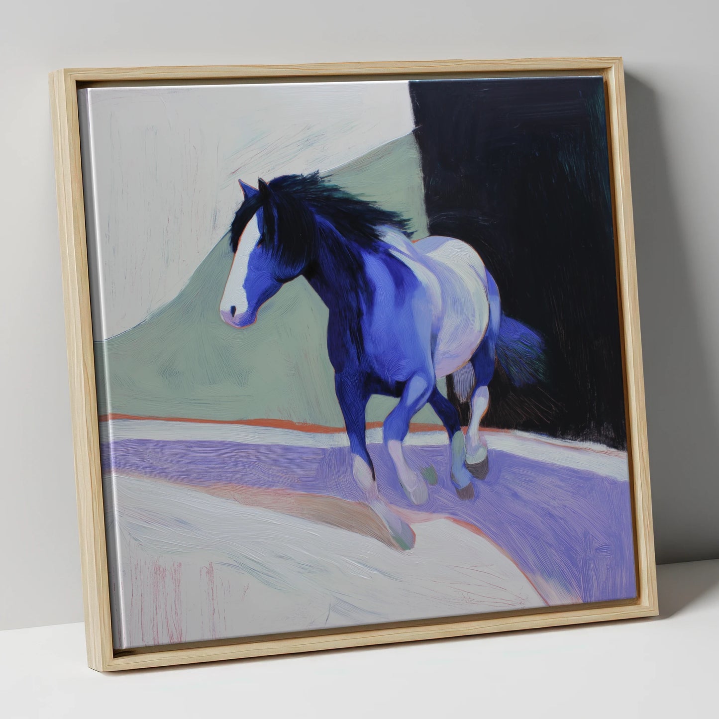 The Cobalt Stride horse portrait canvas wall art in natural frame