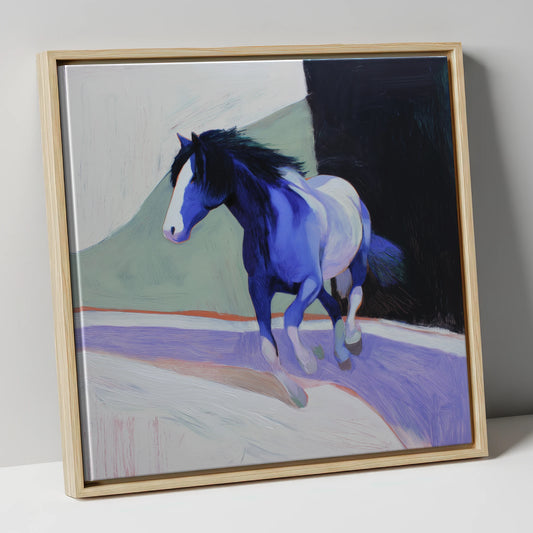 The Cobalt Stride horse portrait canvas wall art in natural frame