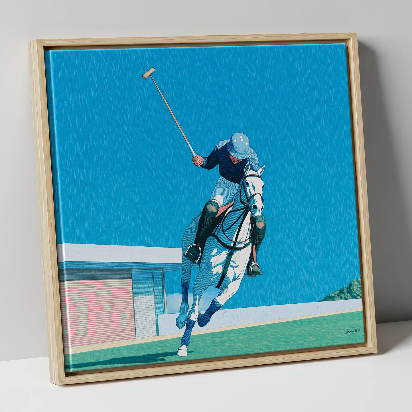 The Azure Chukka polo horse canvas wall art in natural frame