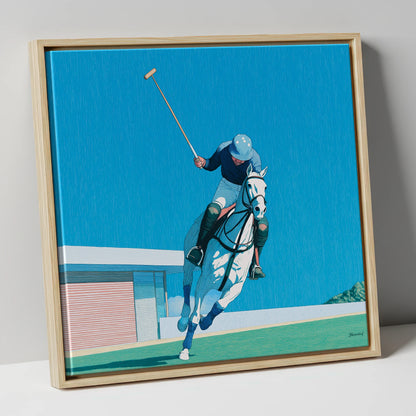 The Azure Chukka polo horse canvas wall art in natural frame