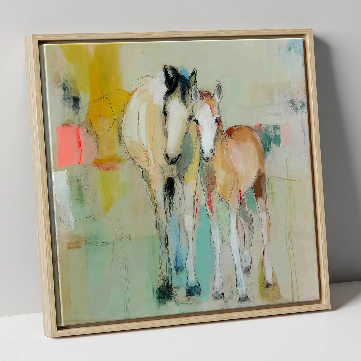 Gentle Nurture mare & foal canvas wall art in natural frame