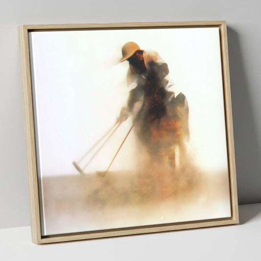 Suspended in Dust polo horse canvas wall art in natural frame