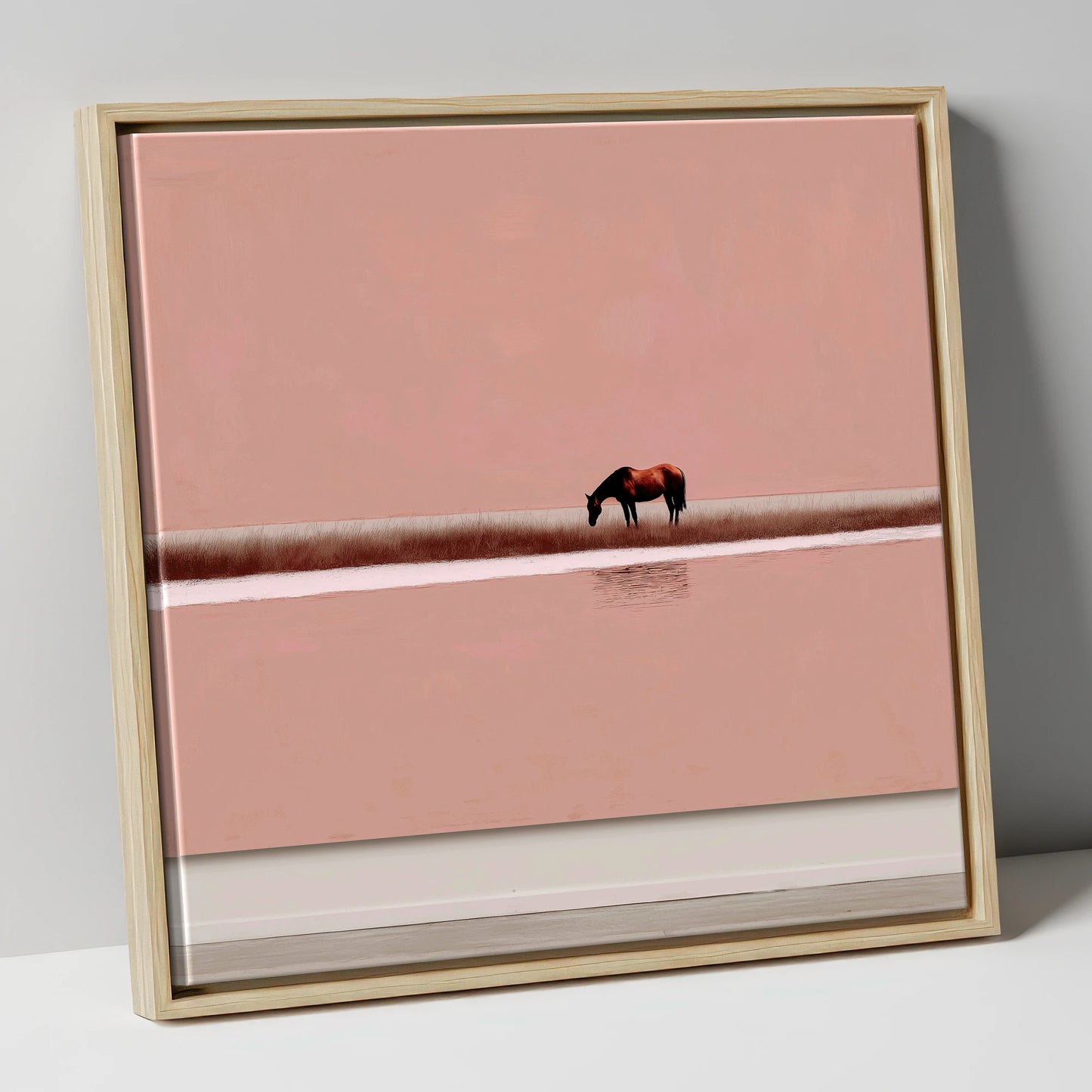 Dusky Rose Horizon horse landscape canvas wall art in natural frame