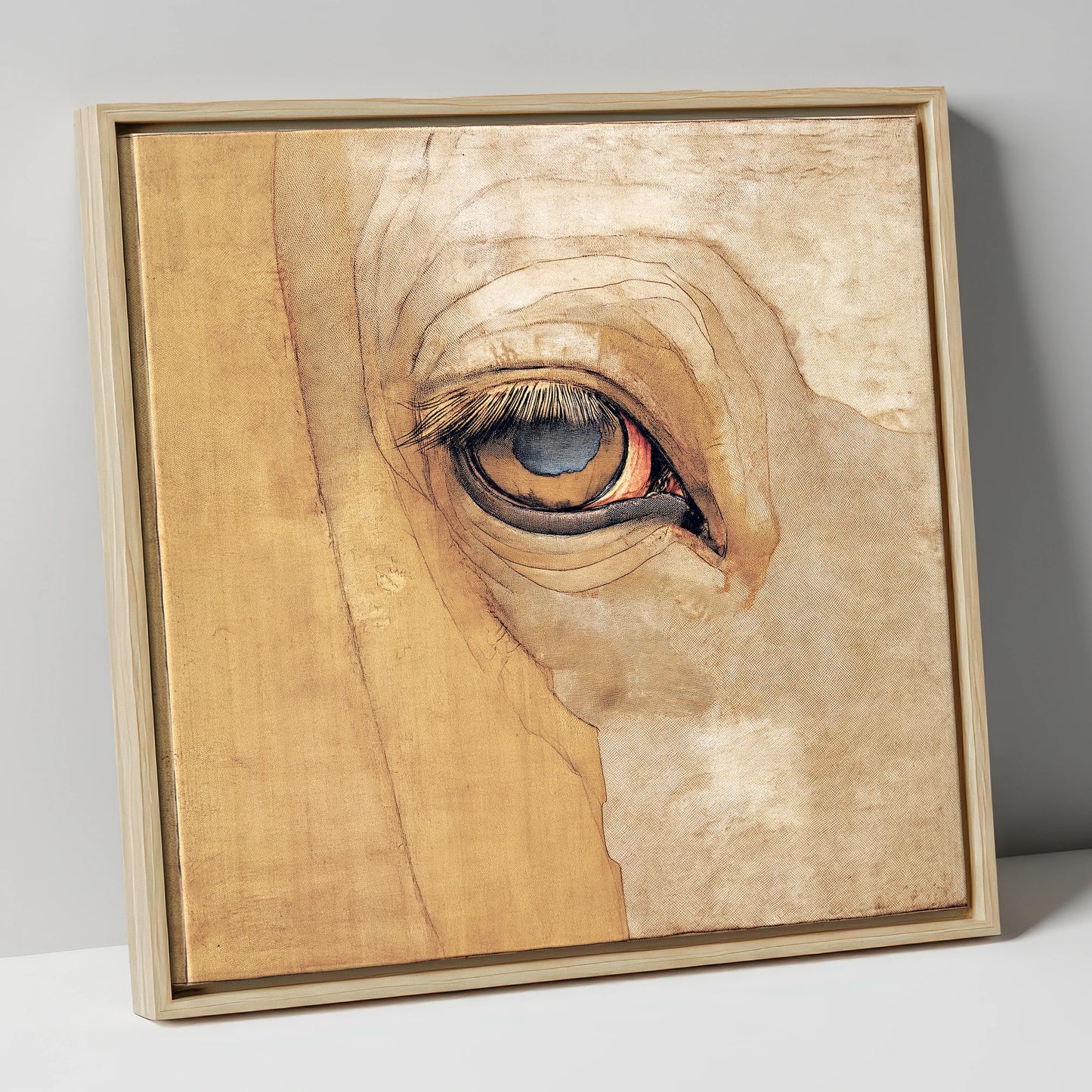 The Golden Gaze horse portrait canvas wall art in natural frame
