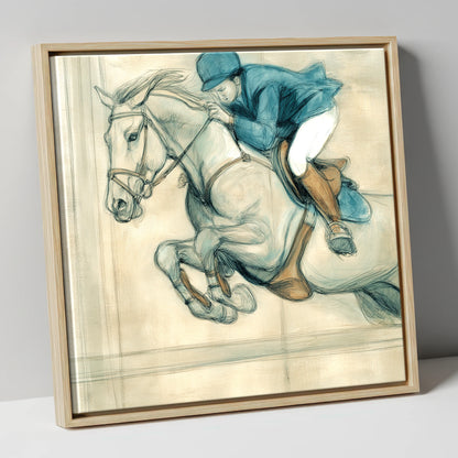 Suspended Flight show jumping horse canvas wall art in natural frame