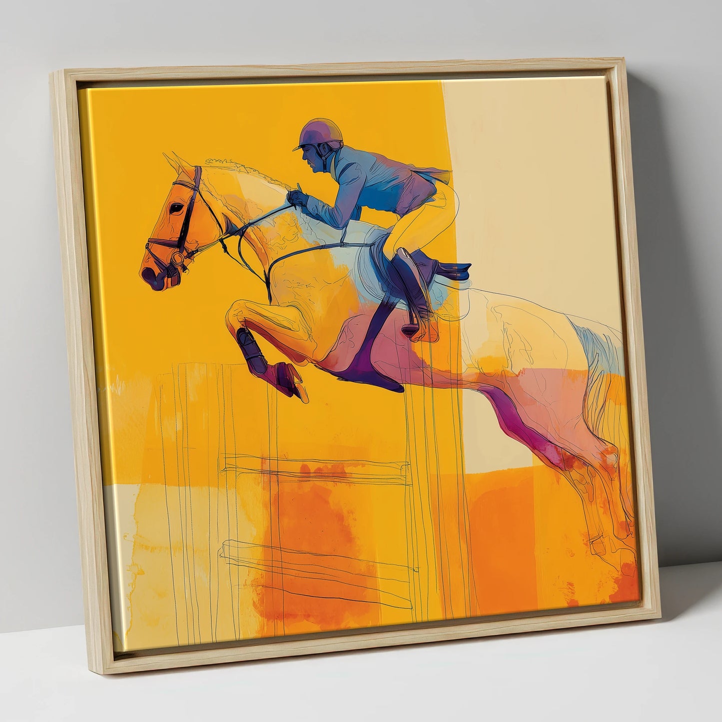 Amber Flight show jumping horse canvas wall art in natural frame