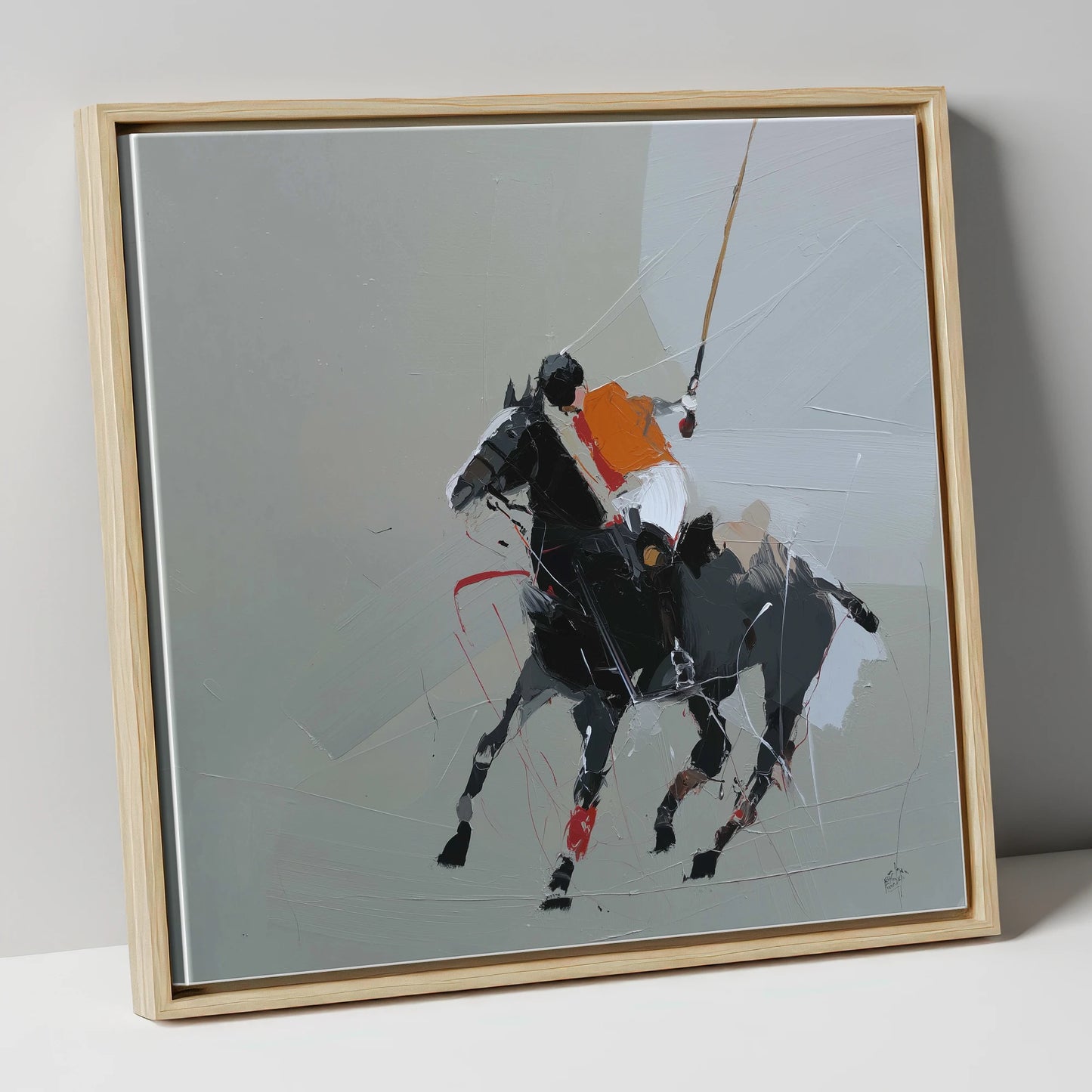 Dynamic Polo Strike polo horse canvas wall art in natural frame