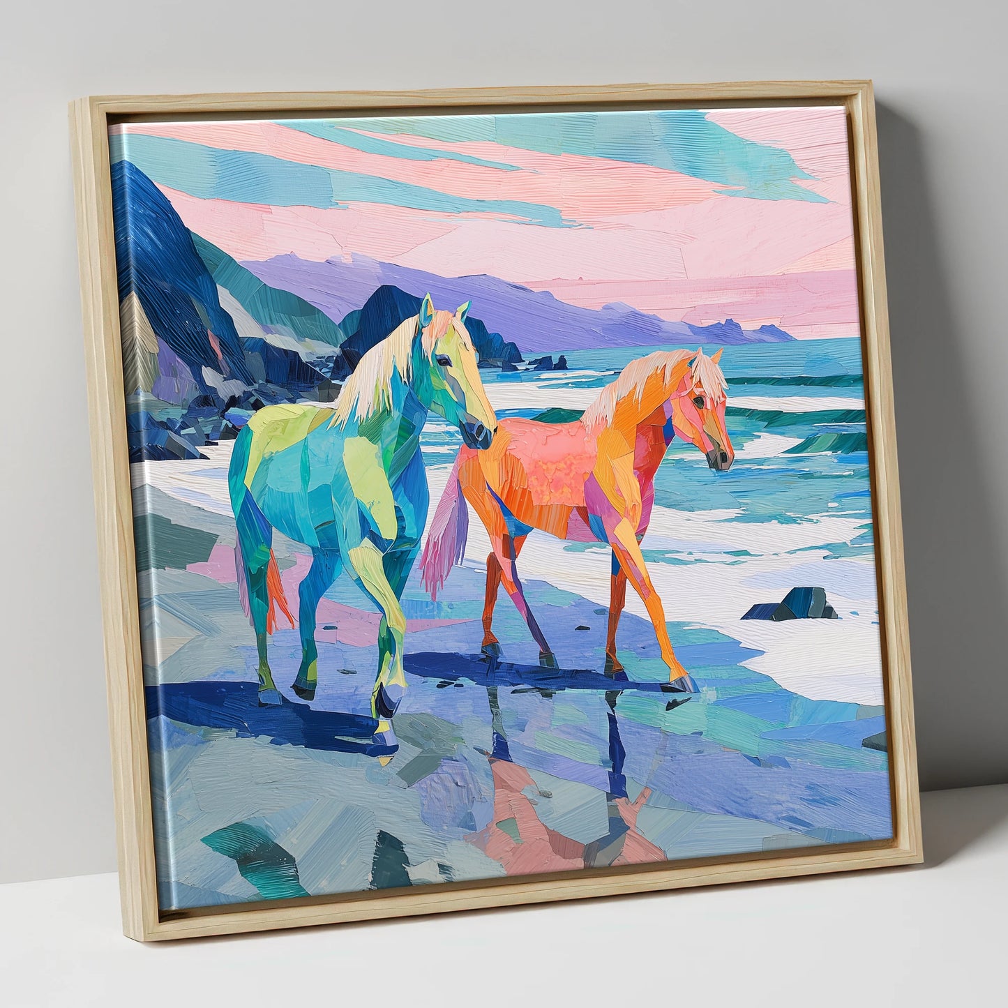 Vivid Coastal Companions horse landscape canvas wall art in natural frame