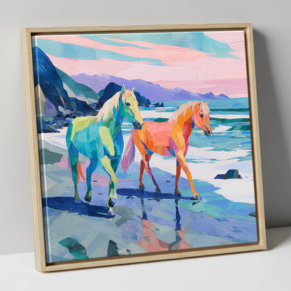 Vivid Coastal Companions horse landscape canvas wall art in natural frame