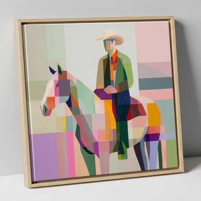 Geometric Western Rider western horse canvas wall art in natural frame
