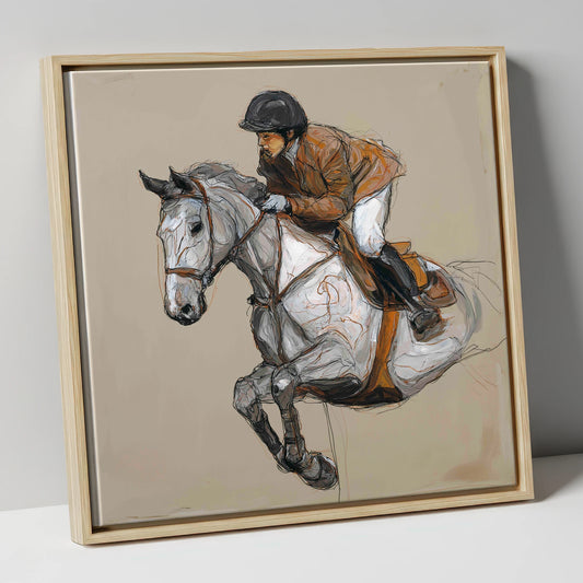 Flight of the Grey show jumping horse canvas wall art in natural frame
