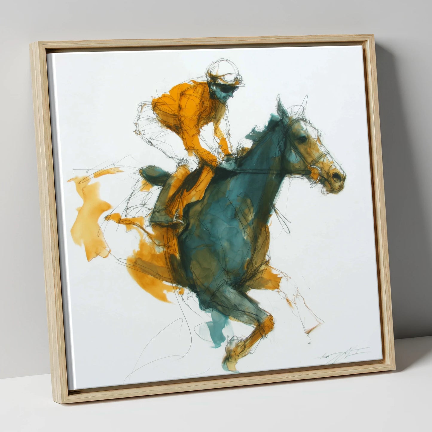 Amber Stride racing horse canvas wall art in natural frame