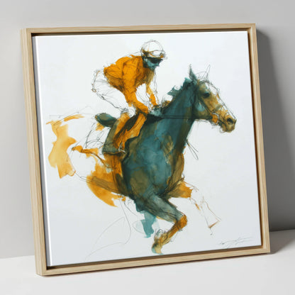 Amber Stride racing horse canvas wall art in natural frame