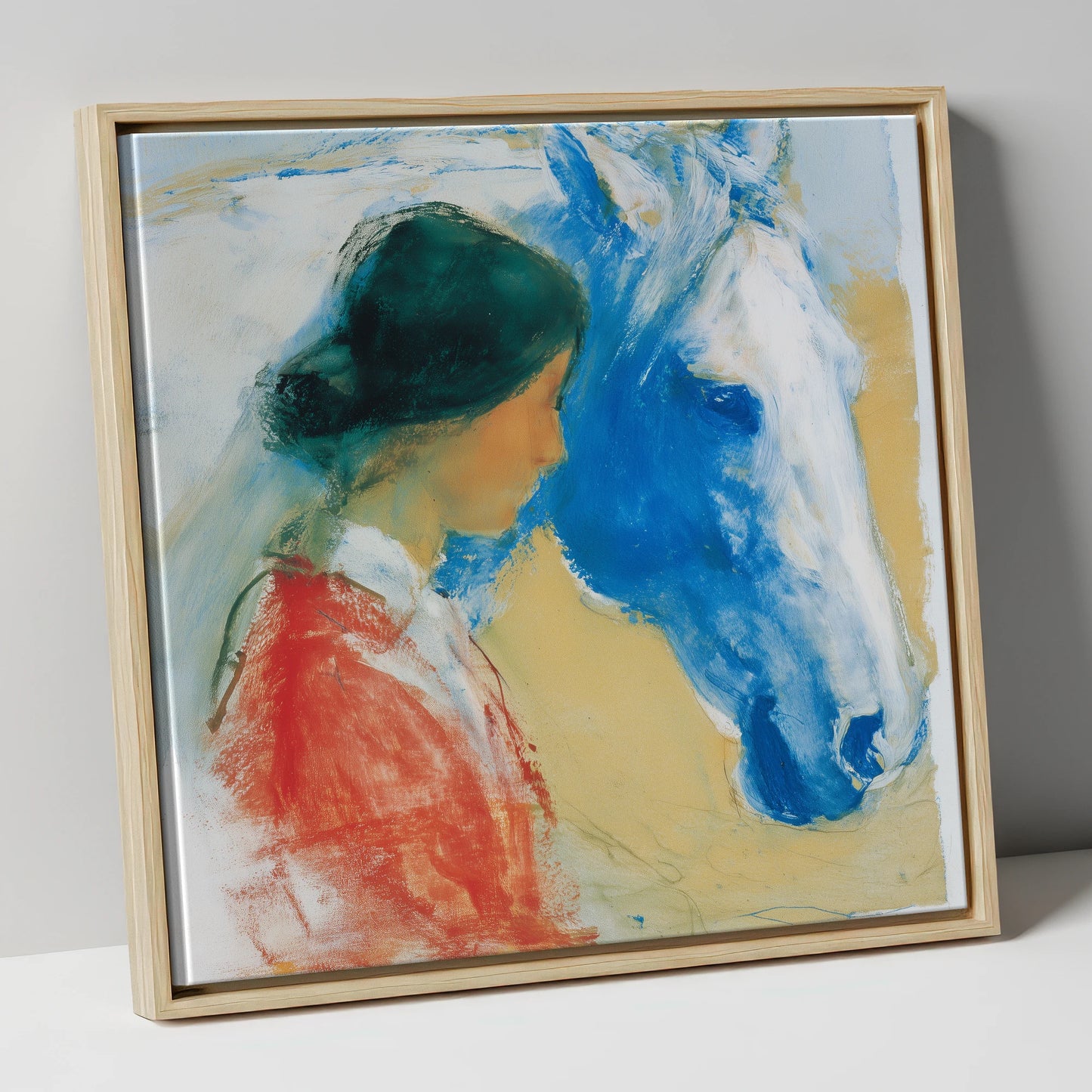 The Cobalt Companion horse & rider canvas wall art in natural frame