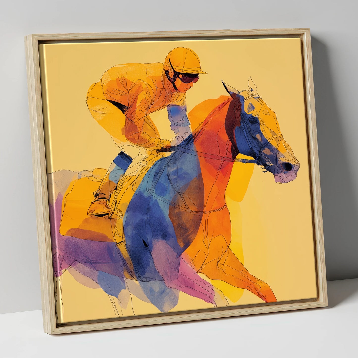 Prismatic Racing Stride racing horse canvas wall art in natural frame