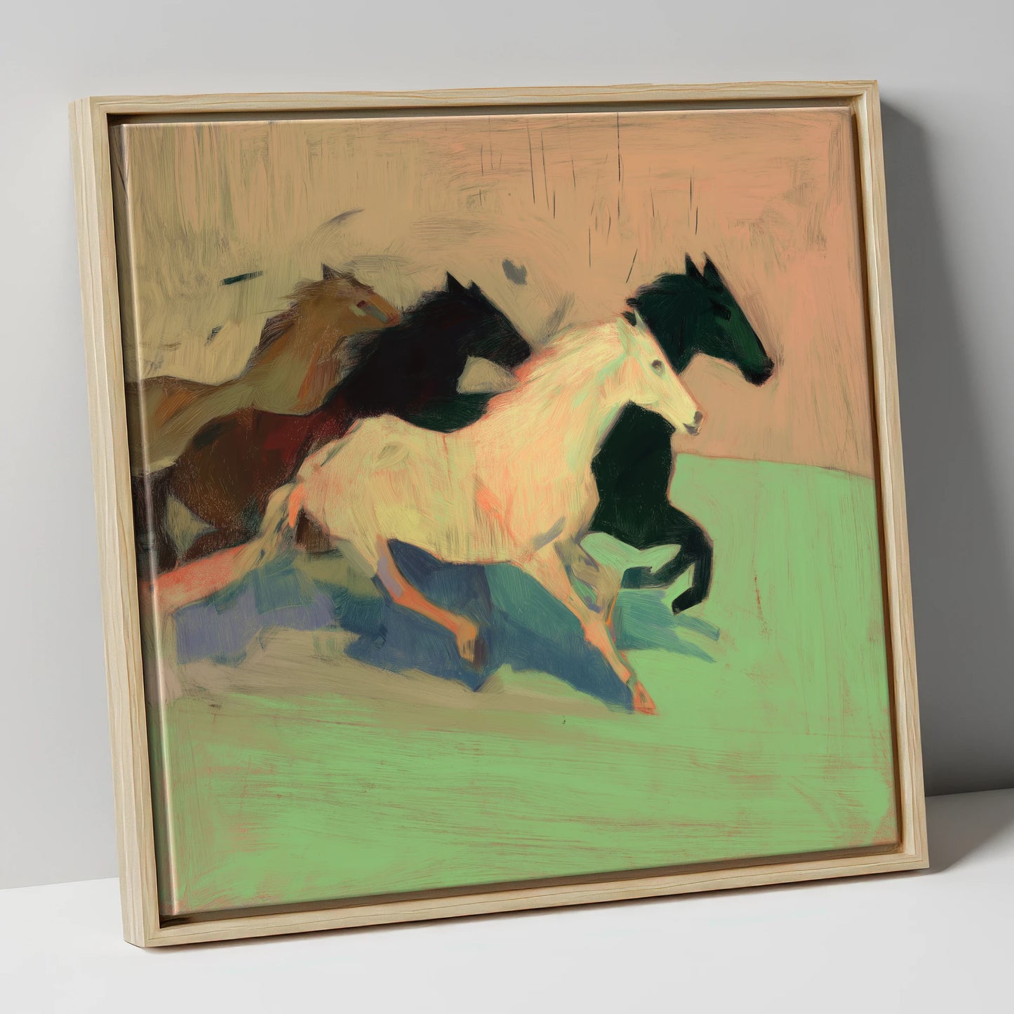 Ethereal Gallop wild horses canvas wall art in natural frame