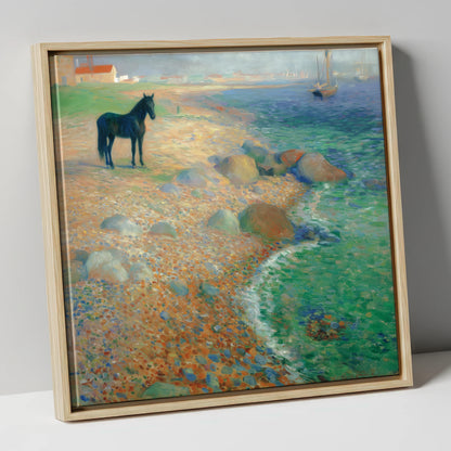 Shoreline Solitude horse landscape canvas wall art in natural frame