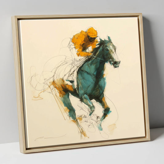 The Amber Surge racing horse canvas wall art in natural frame