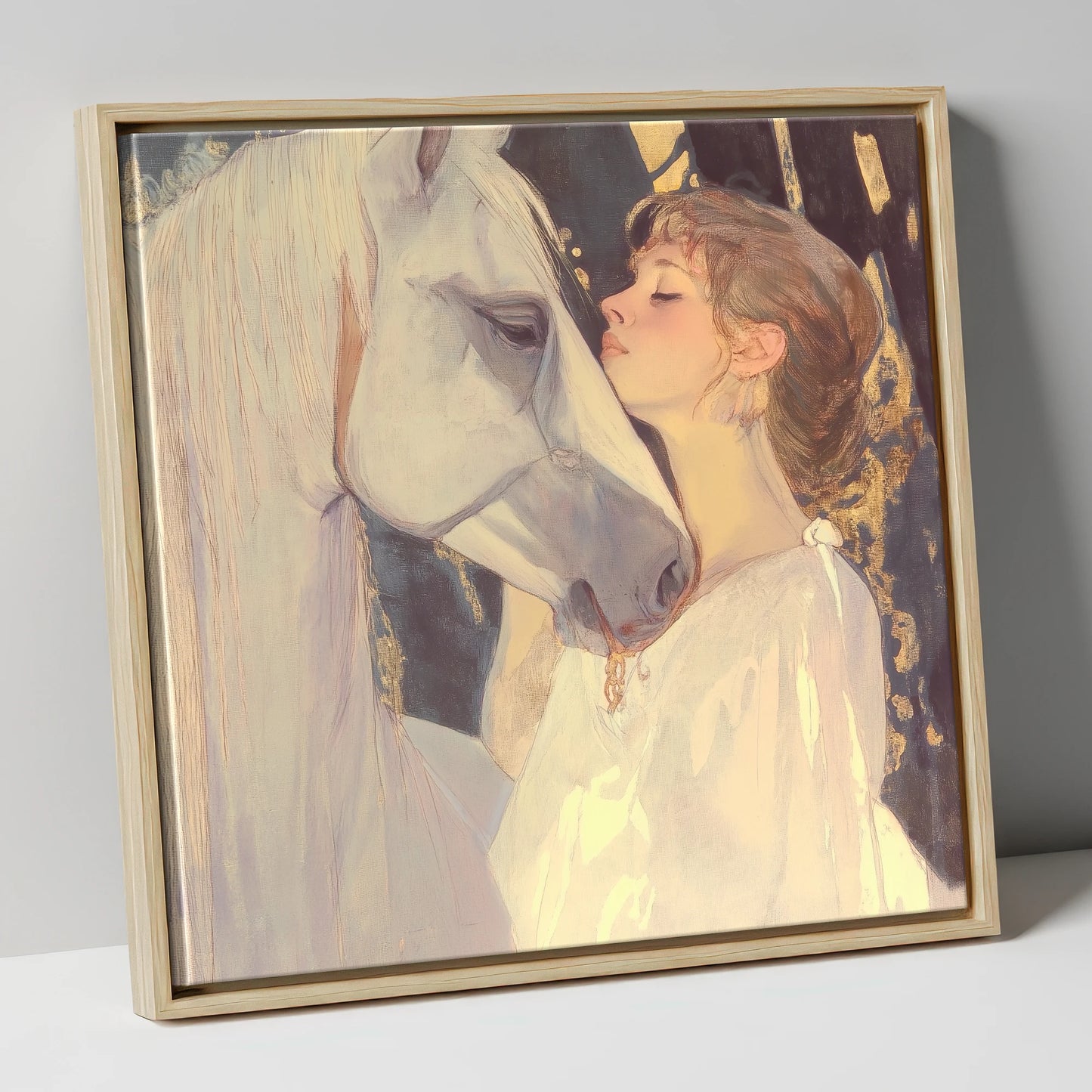 A Luminous Bond horse & rider canvas wall art in natural frame