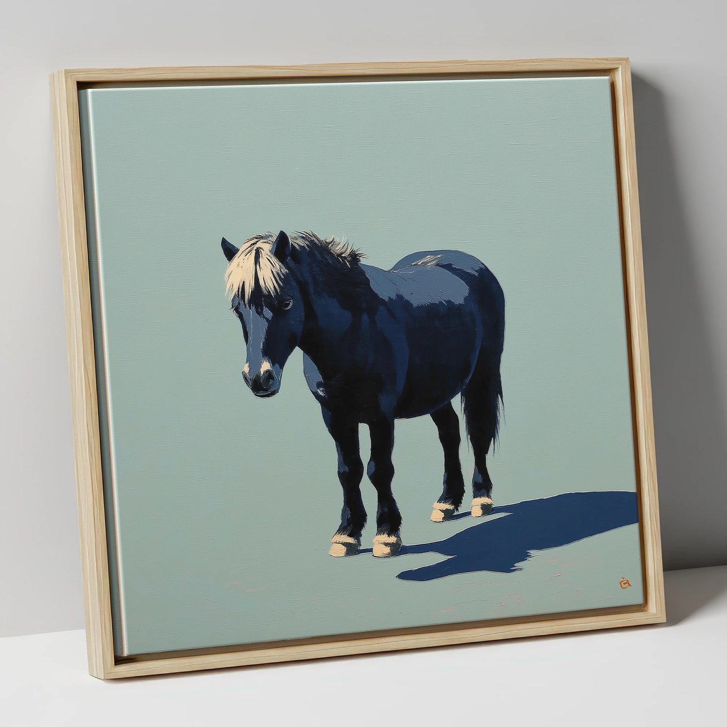 Midnight Blue Pony horse breed canvas wall art in natural frame