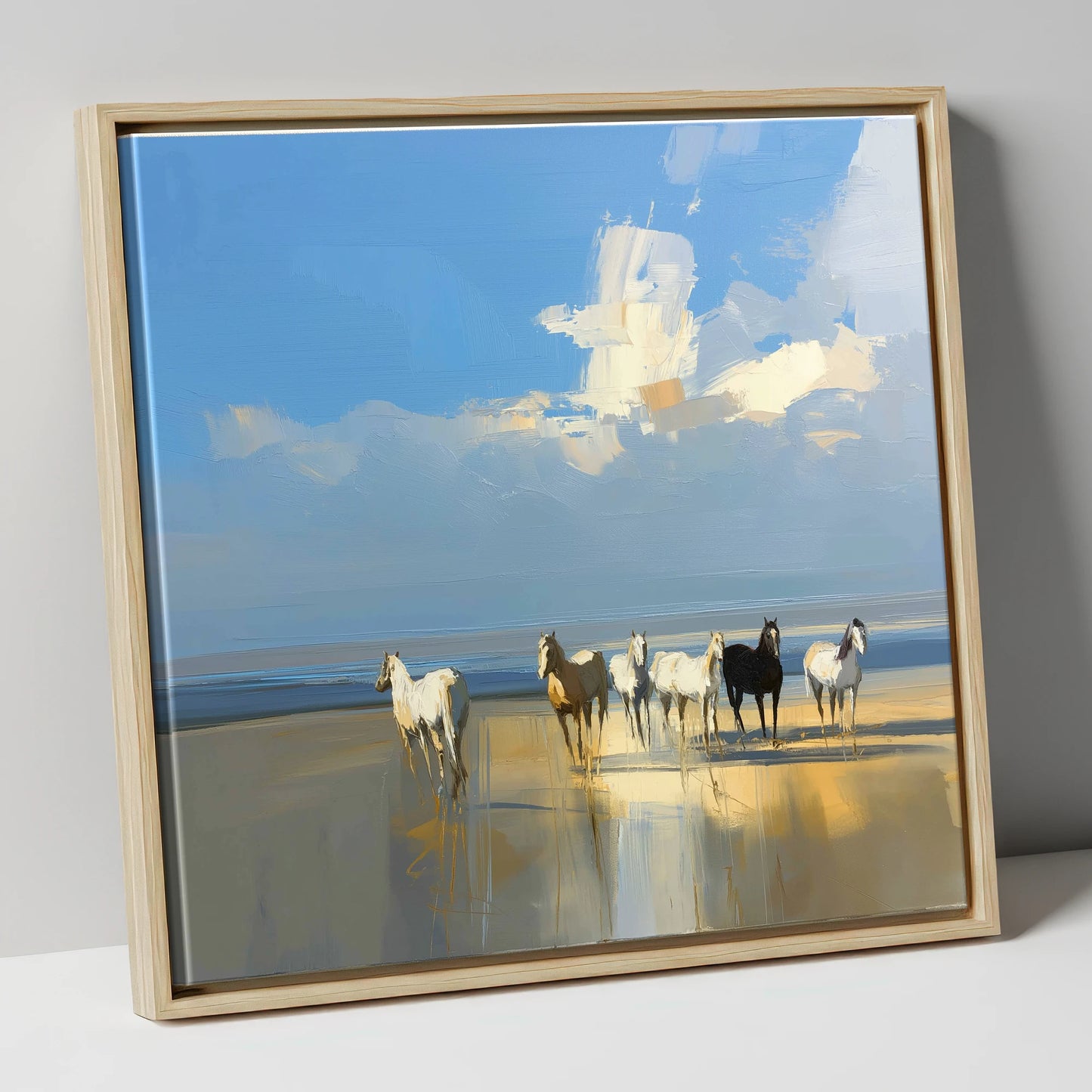 Sunlit Coastal Herd horse landscape canvas wall art in natural frame