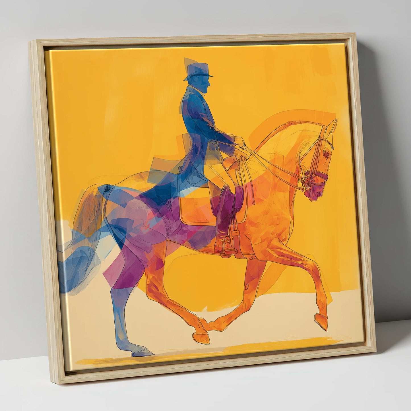 Cobalt and Gold Passage dressage horse canvas wall art in natural frame