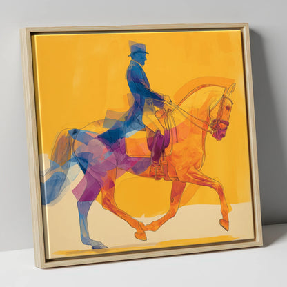 Cobalt and Gold Passage dressage horse canvas wall art in natural frame