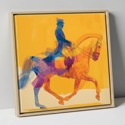 Cobalt and Gold Passage dressage horse canvas wall art in natural frame