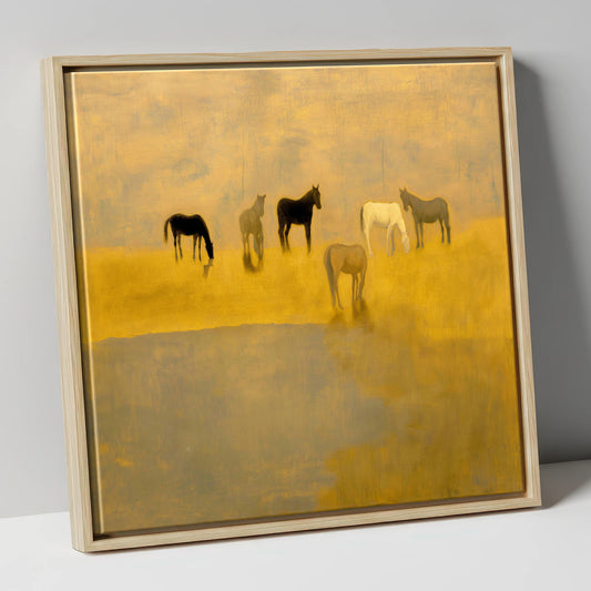 Golden Haze Grazing wild horses canvas wall art in natural frame