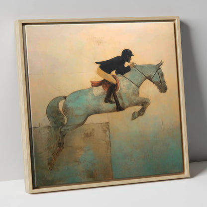 Turquoise Flight show jumping horse canvas wall art in natural frame