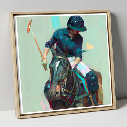 The Decisive Strike polo horse canvas wall art in natural frame
