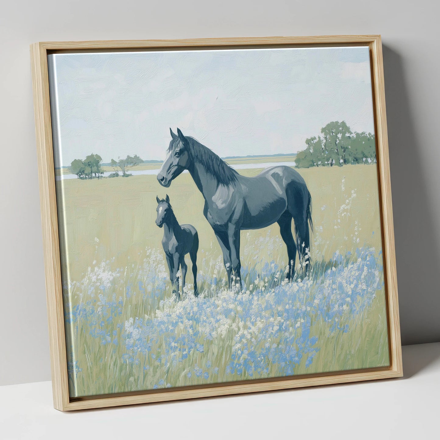 Slate Grey Summer Pasture mare & foal canvas wall art in natural frame