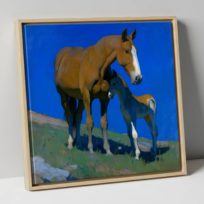 Under the Cobalt Sky mare & foal canvas wall art in natural frame