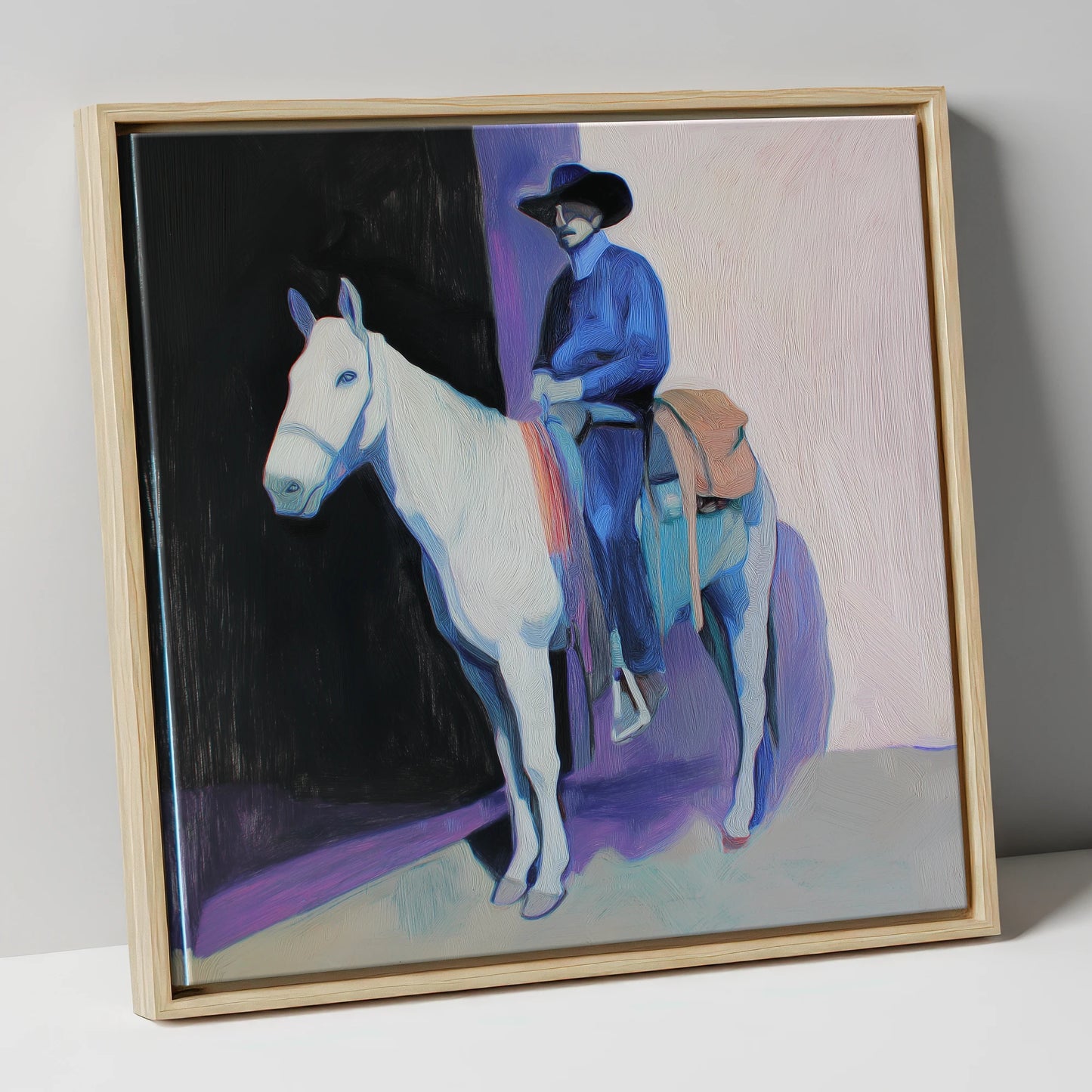 The Indigo Rider western horse canvas wall art in natural frame