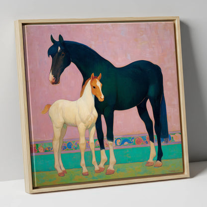 Midnight Mare and Foal mare & foal canvas wall art in natural frame