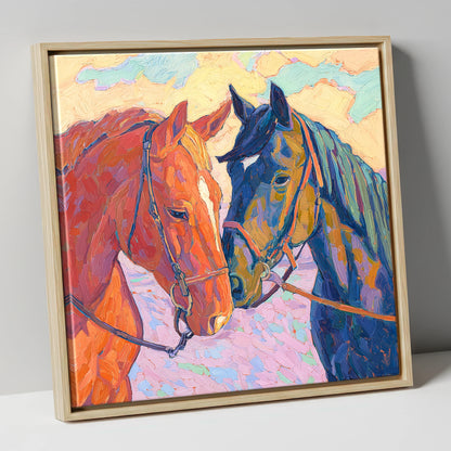 Vibrant Equine Bond horse portrait canvas wall art in natural frame