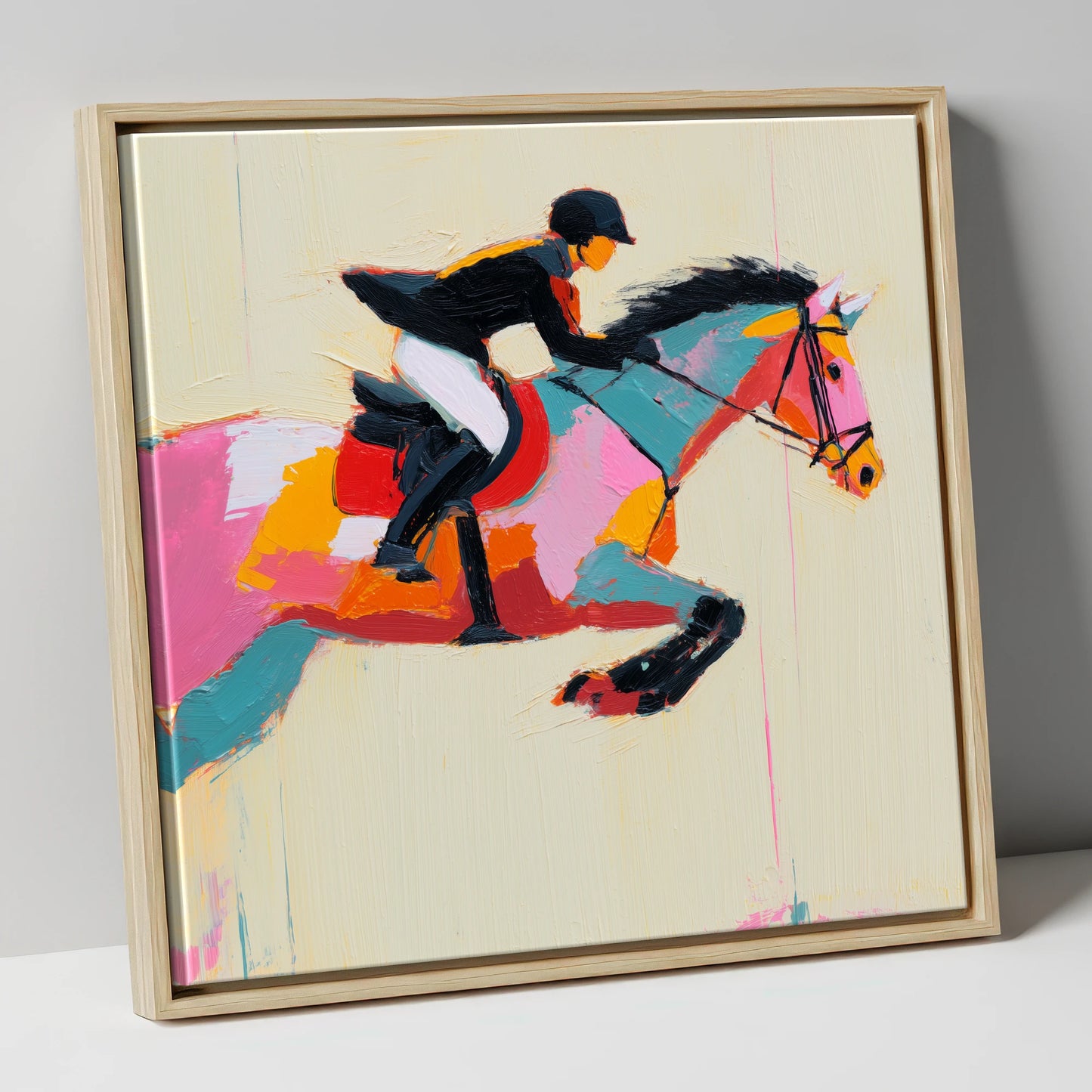 Vivid Showjumping Flight show jumping horse canvas wall art in natural frame