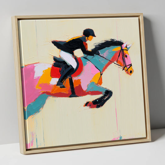 Vivid Showjumping Flight show jumping horse canvas wall art in natural frame