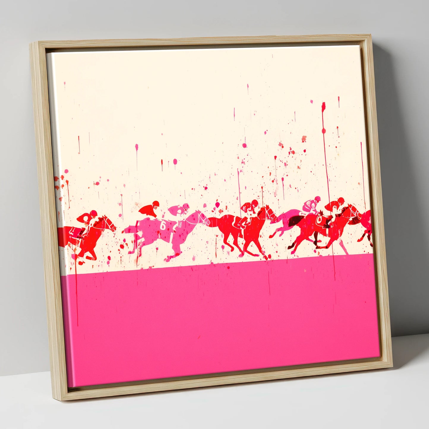 Crimson Surge racing horse canvas wall art in natural frame