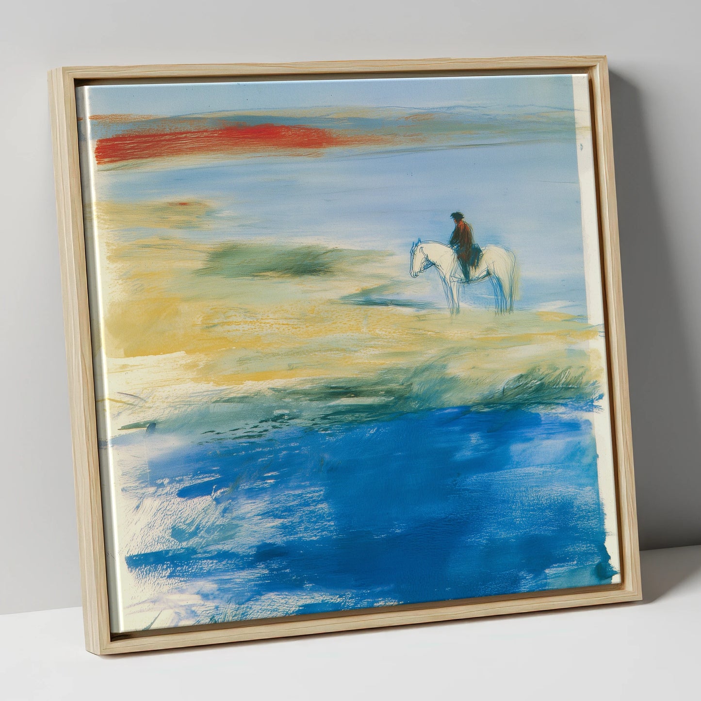 Coastal Solitude beach horse canvas wall art in natural frame