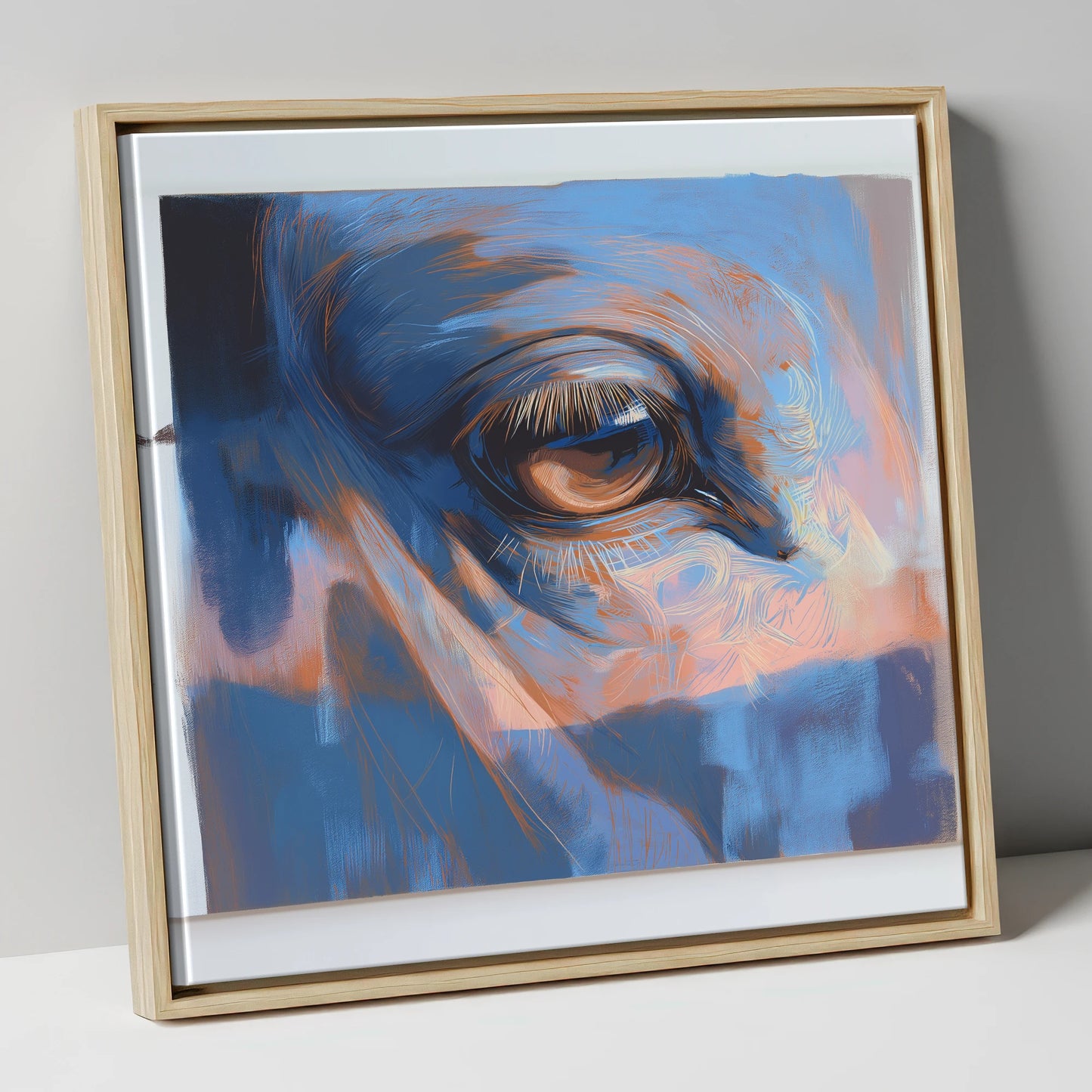Soulful Azure Gaze horse portrait canvas wall art in natural frame