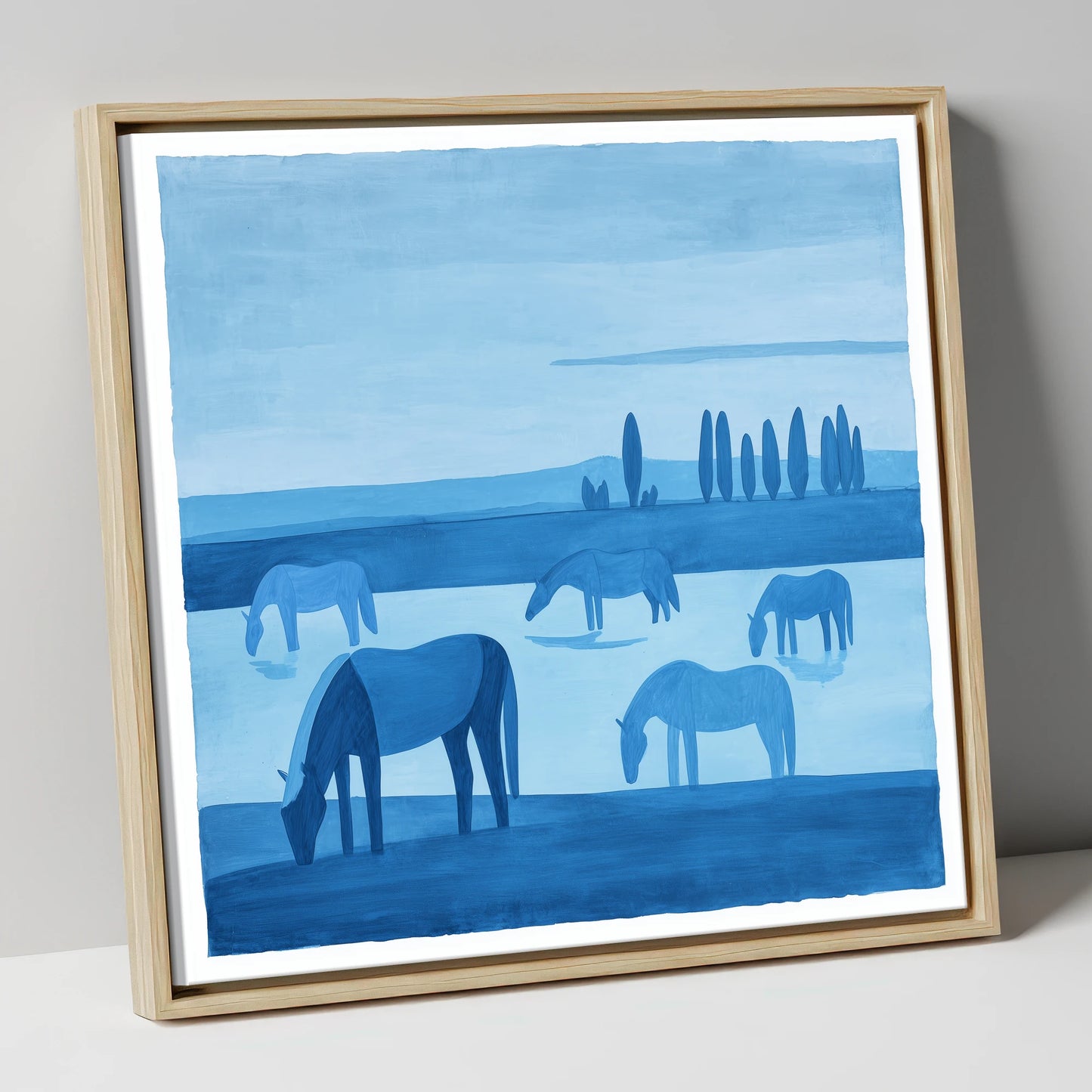Azure Meadow Grazing horse landscape canvas wall art in natural frame